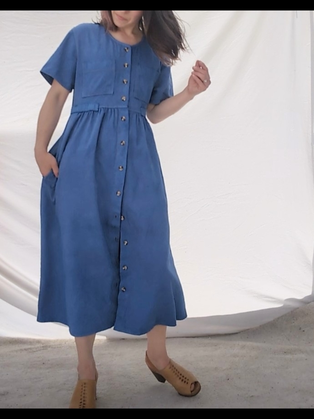 Blue Button-Front Midi Dress - Studio ease Vintage